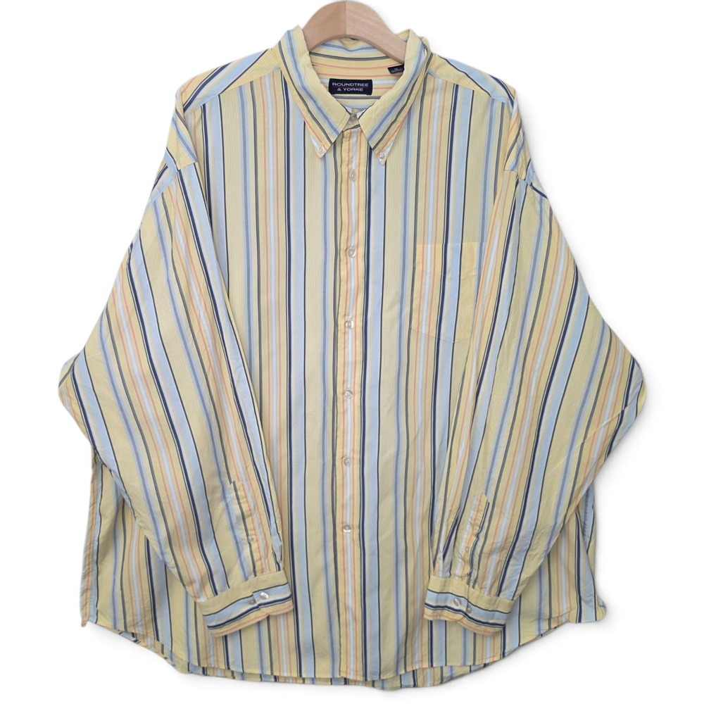 Roundtree & Yorke Shirt Mens 3XL Yellow Blue Stripe Long Sleeve Button Down